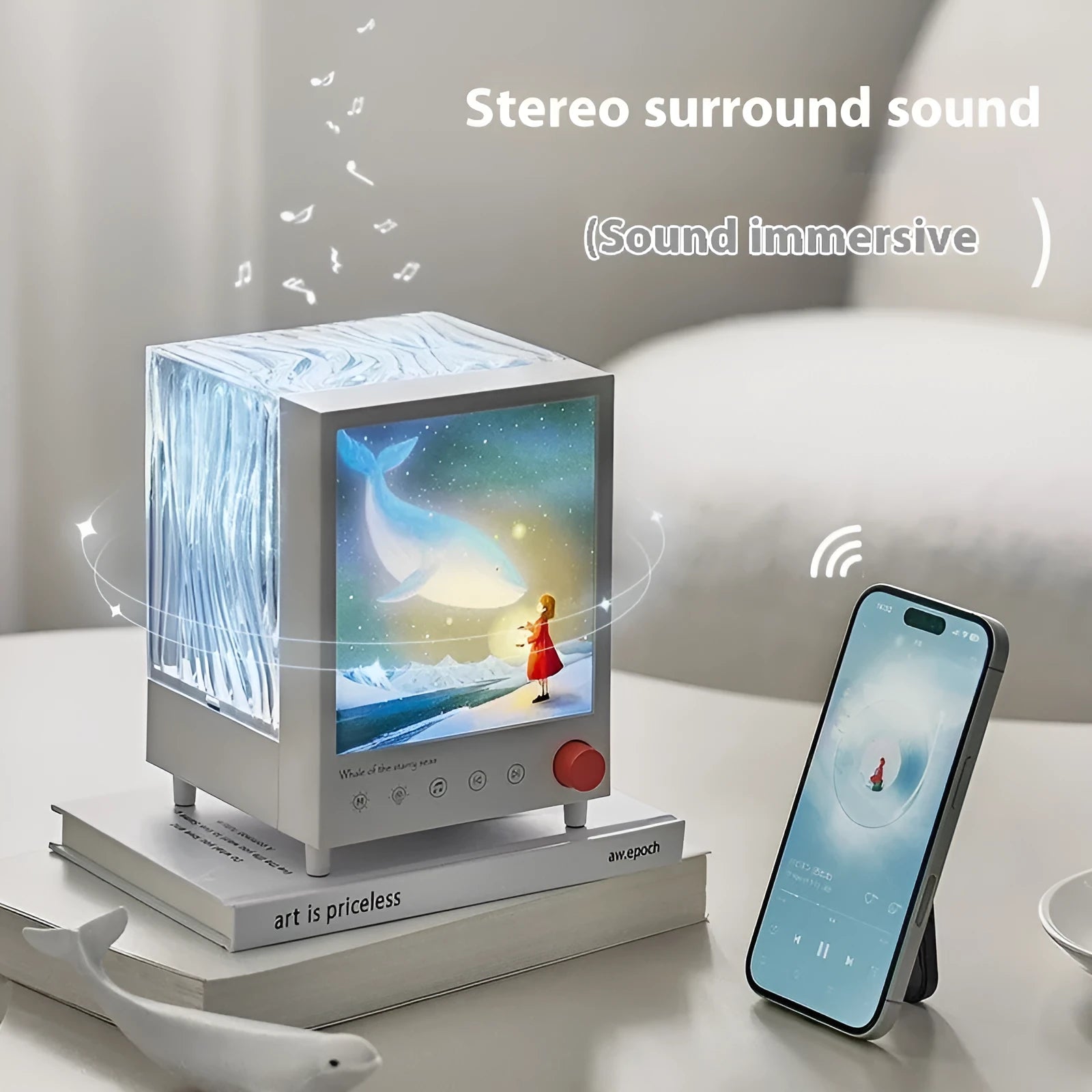 Aurora Treasure Box atmosphere projection lamp with Bluetooth speaker showing Star Sea Whale light theme