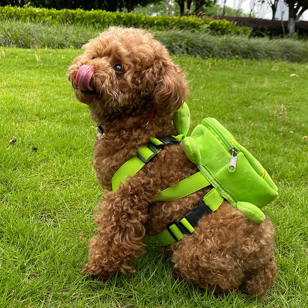 Brown turtle-shaped velvet dog backpack harness with storage compartment and metal zipper