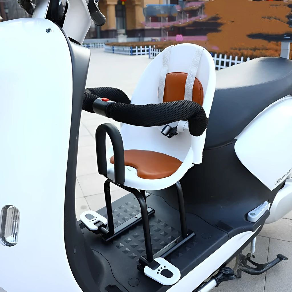 Front baby safety seat for electric scooters with high carbon steel frame in black, red, or white