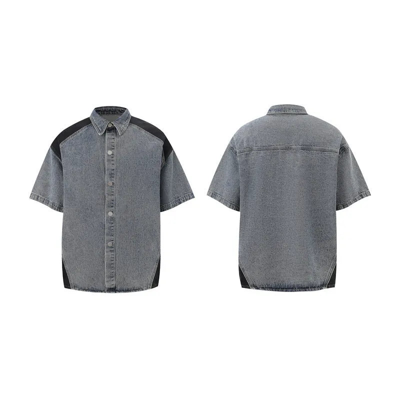 Retro washed denim suit for men featuring a short sleeve jacket and matching trousers.