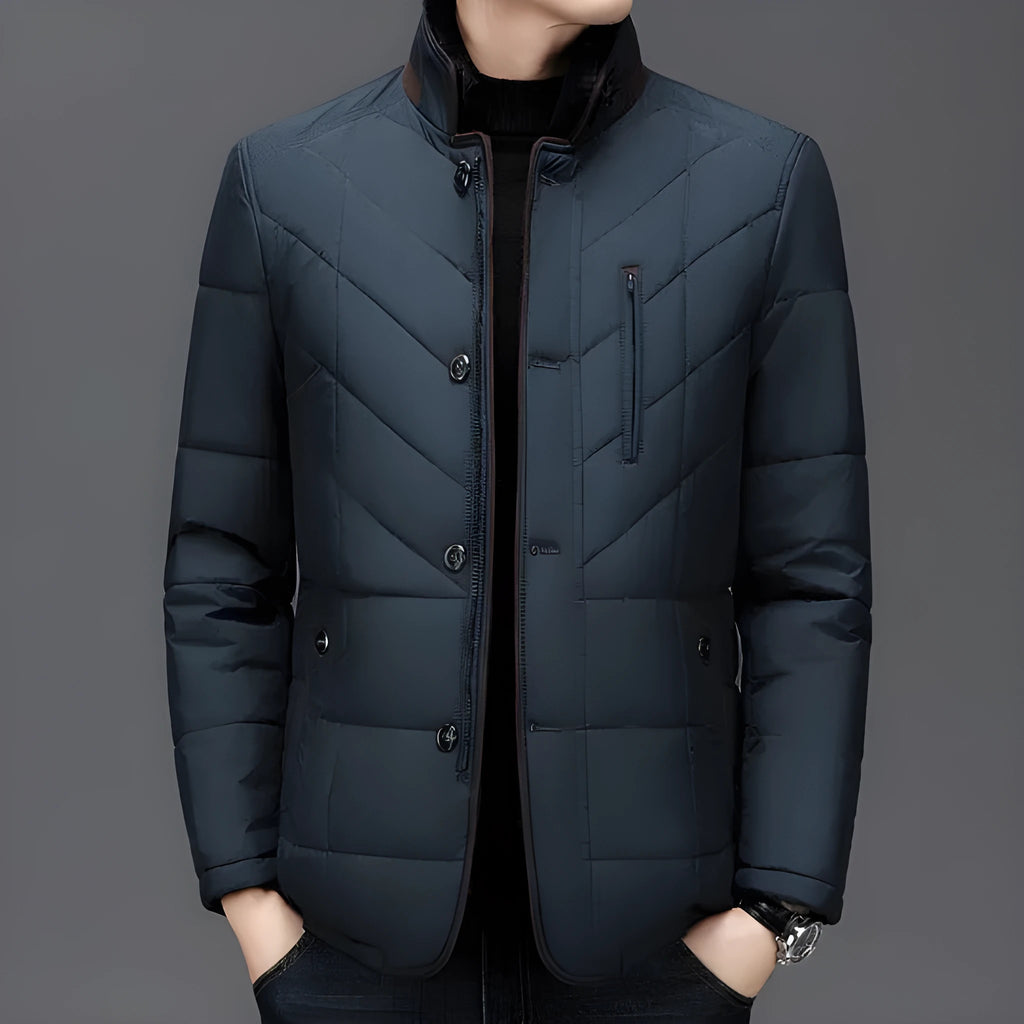 Men's solid colour winter coat with side seam pockets, shown in dark blue, wine red, and dark green.