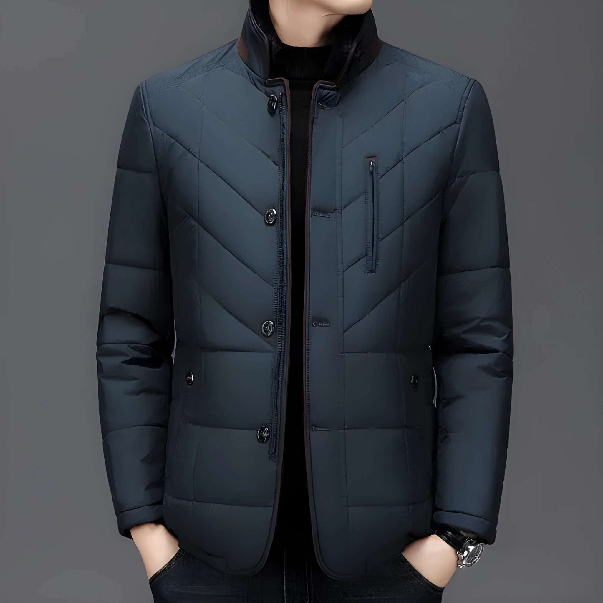 Men's solid colour winter coat with side seam pockets, shown in dark blue, wine red, and dark green.
