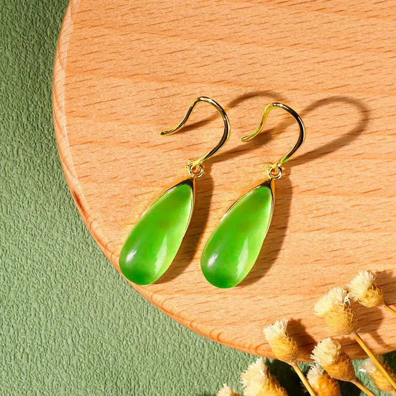 Copper geometric earrings with jade-coloured water drop design in Chinese retro style