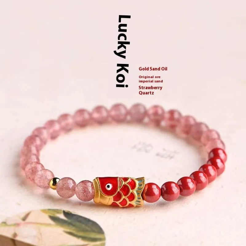 Purple cinnabar and strawberry quartz bracelet with koi and peach blossom lucky bead designs