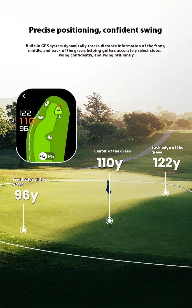 Black GPS laser rangefinder with AMOLED display showing distance measurement and mapping interface