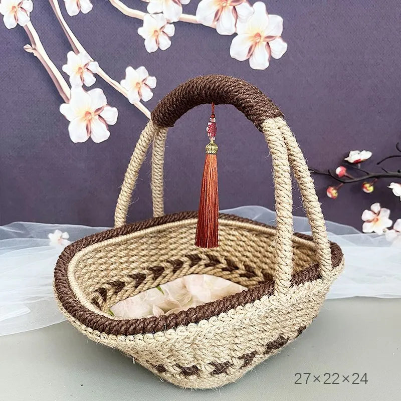 Hand-woven hemp rope basket with straw lining in pastoral retro style