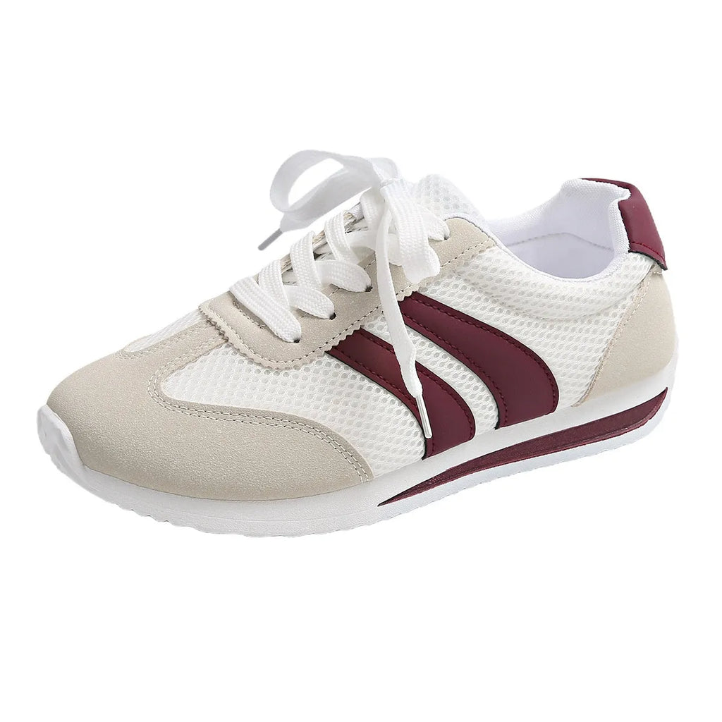Wine red Cortez retro sneaker with breathable mesh surface and cross straps, low top flat heel, sizes 36-43