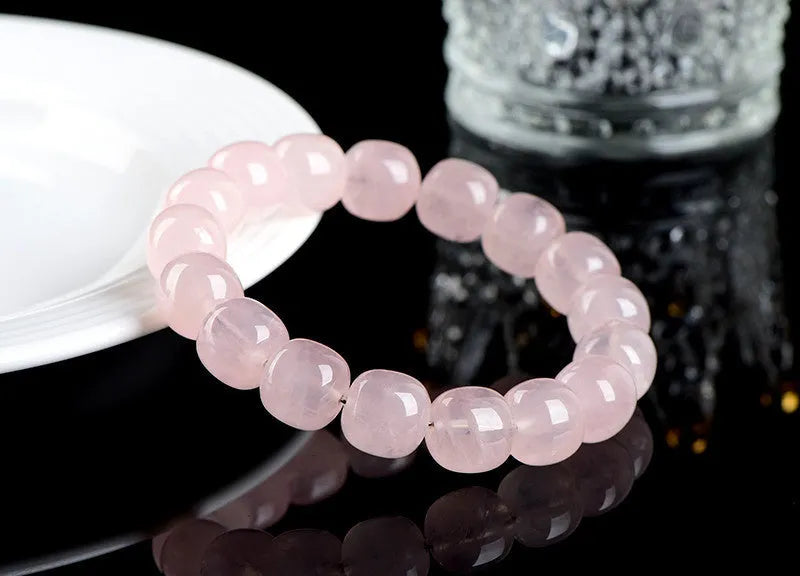 Pink bamboo and crystal barrel bead bracelet with geometric 11-12mm beads
