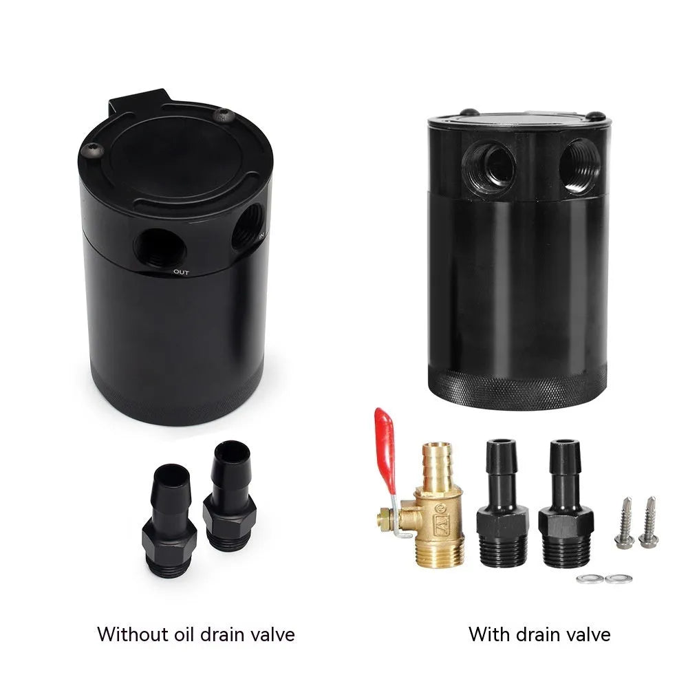 Black aluminium automotive oil pot with oil-free valve and two connector fittings