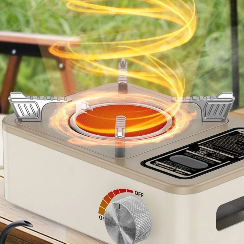 White stainless steel portable infrared gas stove for outdoor camping and picnics.