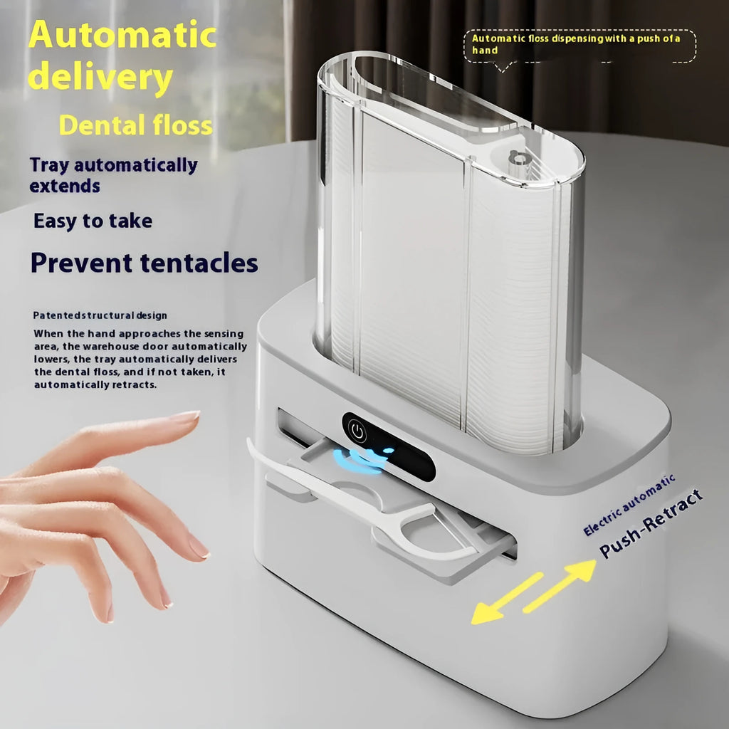 Intelligent induction dental floss box in dark grey, light grey, and gold colours showing automatic pop-up mechanism.