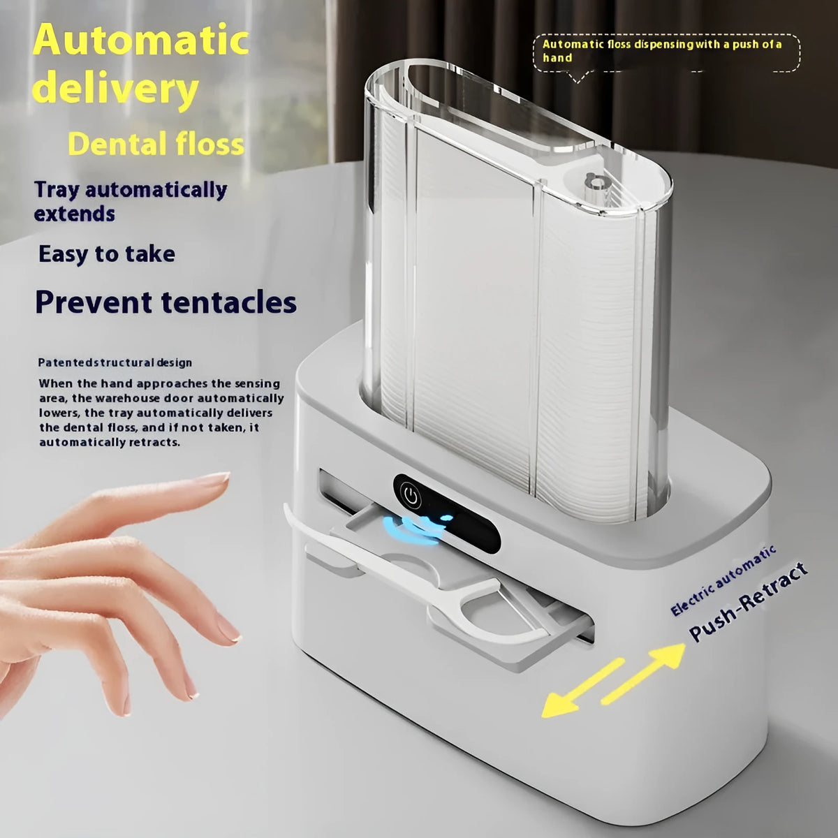 Intelligent induction dental floss box in dark grey, light grey, and gold colours showing automatic pop-up mechanism.