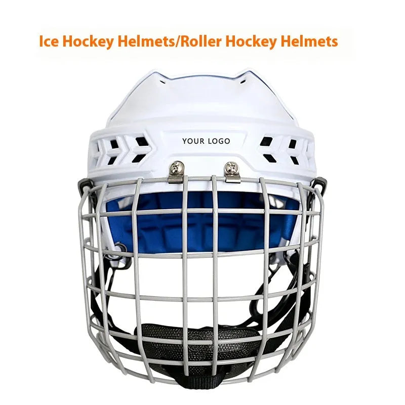 Ice hockey helmet with a carbon steel face mask on a white background, shown in size L.