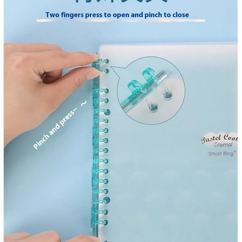 Refillable A5 and B5 spiral notebook with PP cover, shown in pastel cookie blue and plaid impression designs with loose-leaf paper.