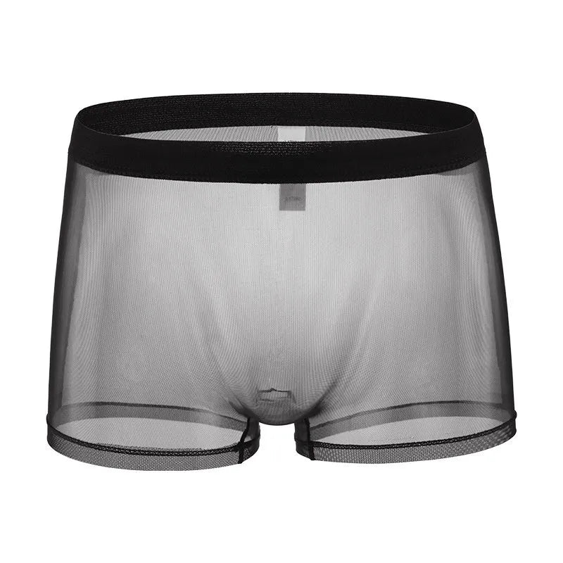 Men's mesh boxer briefs in various colours showing thin sheer fabric and low waist design.