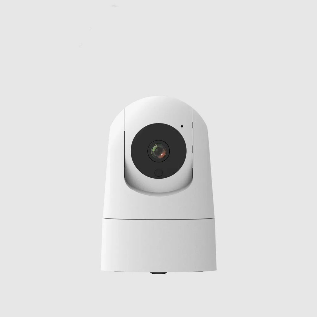 White indoor pan tilt security camera with microphone and speaker for two-way voice on a desk.