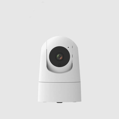 White indoor pan tilt security camera with microphone and speaker for two-way voice on a desk.