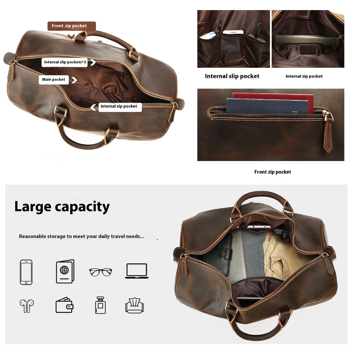 Men's vintage leather crossbody bag in four colours showing dimensions 48.3x25x29cm