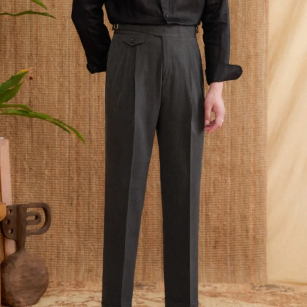 Men's slim fit straight leg business trousers in dark grey, light brown, and light apricot colours