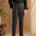 Men's slim fit straight leg business trousers in dark grey, light brown, and light apricot colours