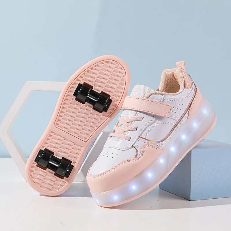 Child wearing charging flash rollerskates with illuminated LED wheels, showing pink and black colour options.
