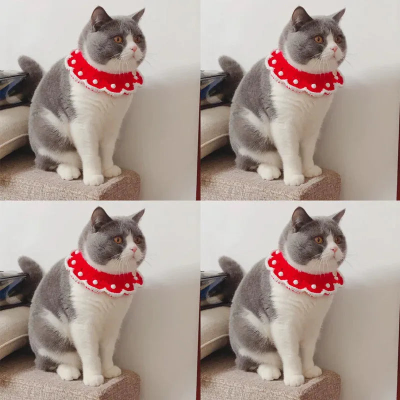Handmade cartoon-pattern knitted collar for pet cat, dog, or rabbit made from soft milk cotton yarn.