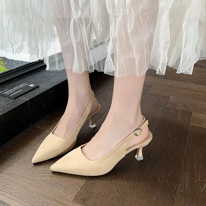 Suede stiletto high heels in apricot, pink, sky blue or yellow with pointed toe and rubber sole