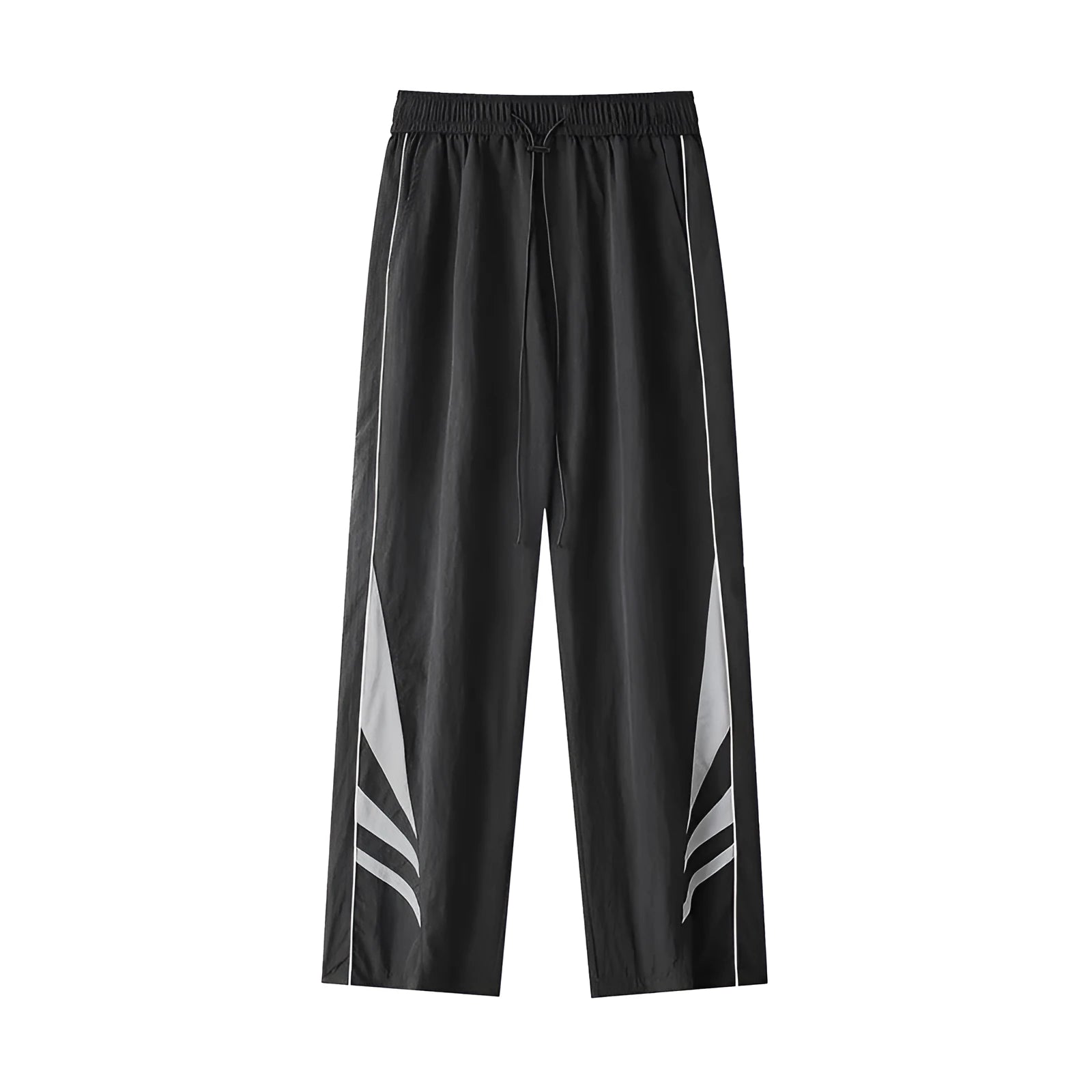 Men's straight leg casual trousers in grey, featuring an elasticated waistband and a loose fit.