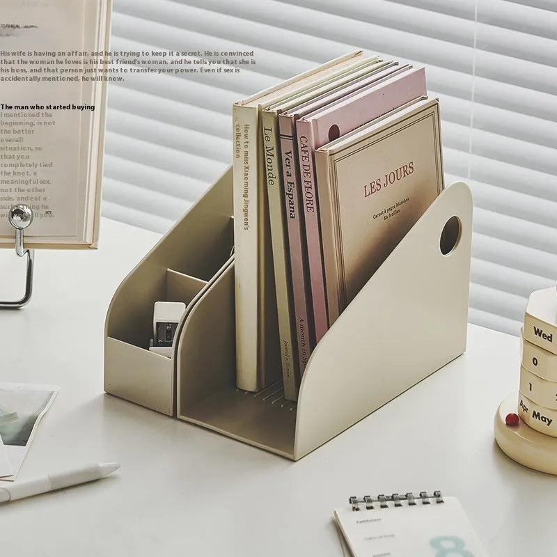 Desktop storage box with two grid compartments in milk coffee colour, dimensions 14.5x17x22cm