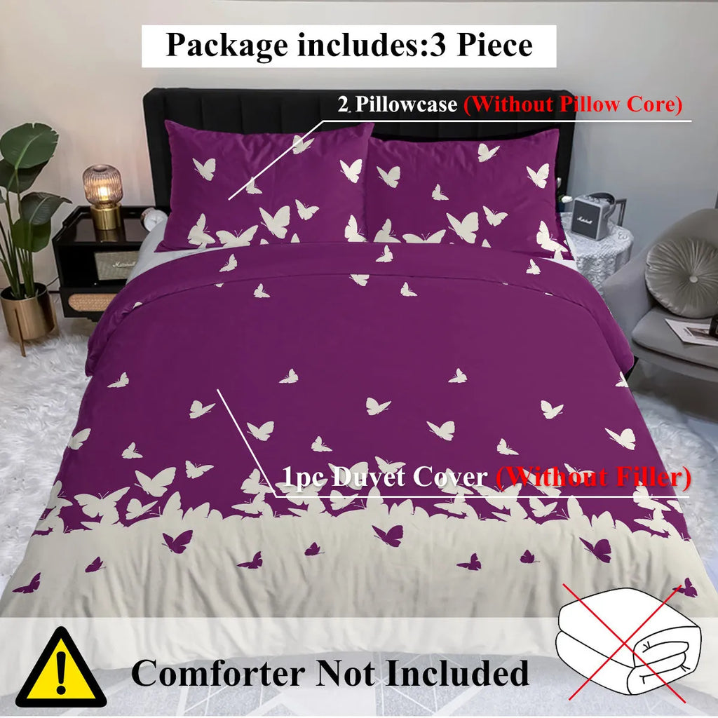 Purple butterfly reversible microfiber comforter set with two pillow shams on bed
