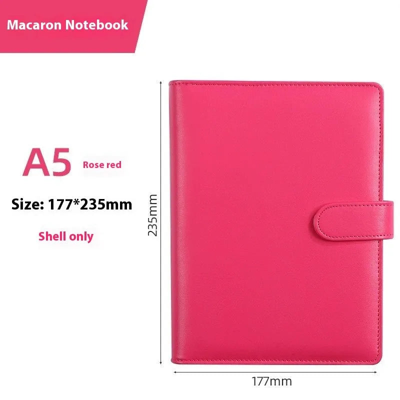 A5 PU leather notebook binder shell with zipper closed, shown in a selection of solid colours.