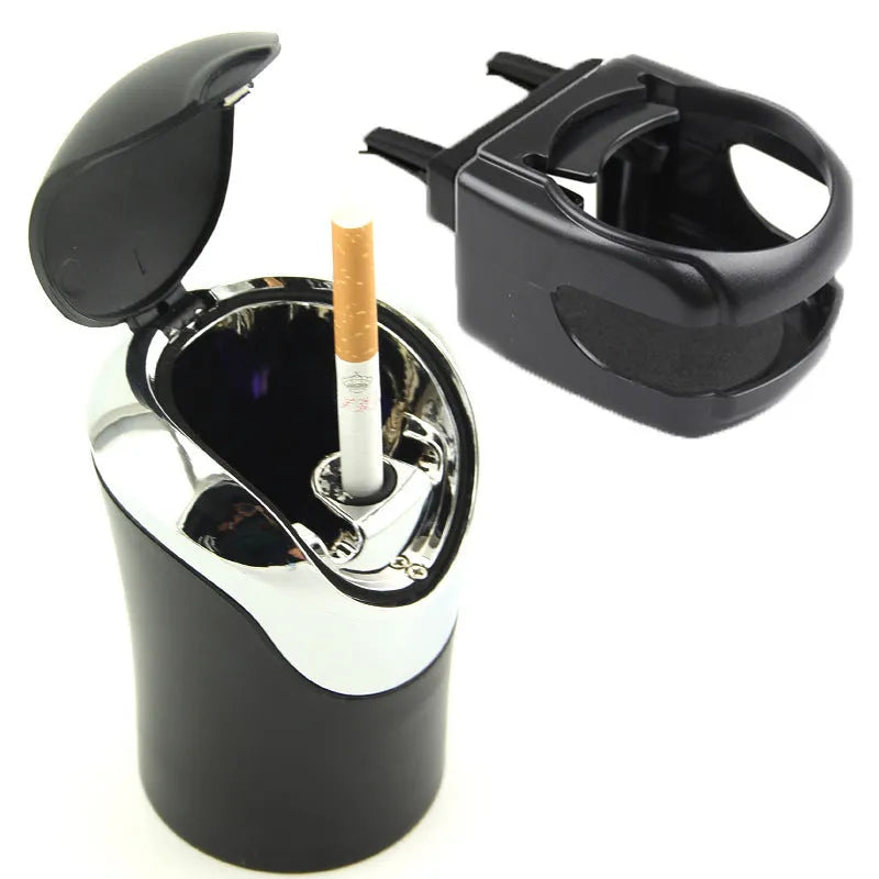 Black multifunctional vehicle ashtray, 8x7x11cm ABS body with detachable stainless steel liner and luminous metal liner