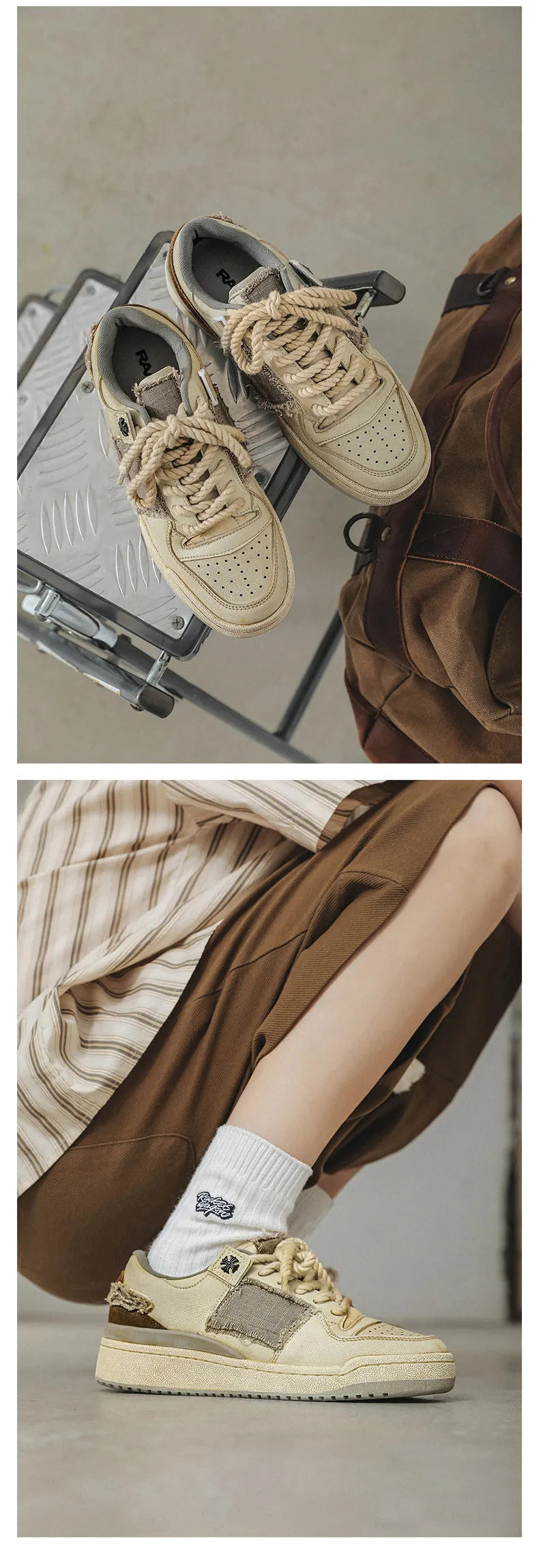 Beige low-top men's skateboard sneakers with a round toe and front lace-up on a rubber sole.