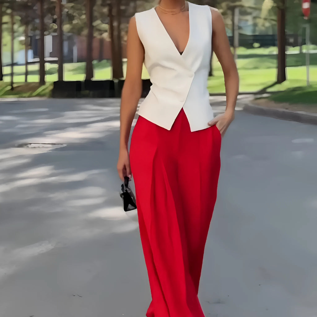 Women's beige polyester two-piece set with sleeveless deep V-neck top and wide-leg trousers