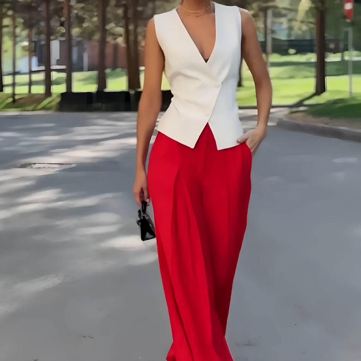 Women's beige polyester two-piece set with sleeveless deep V-neck top and wide-leg trousers