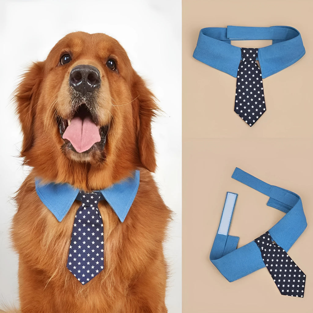 Denim dog collar with star pattern and attached bow accessory on adjustable fastener tape