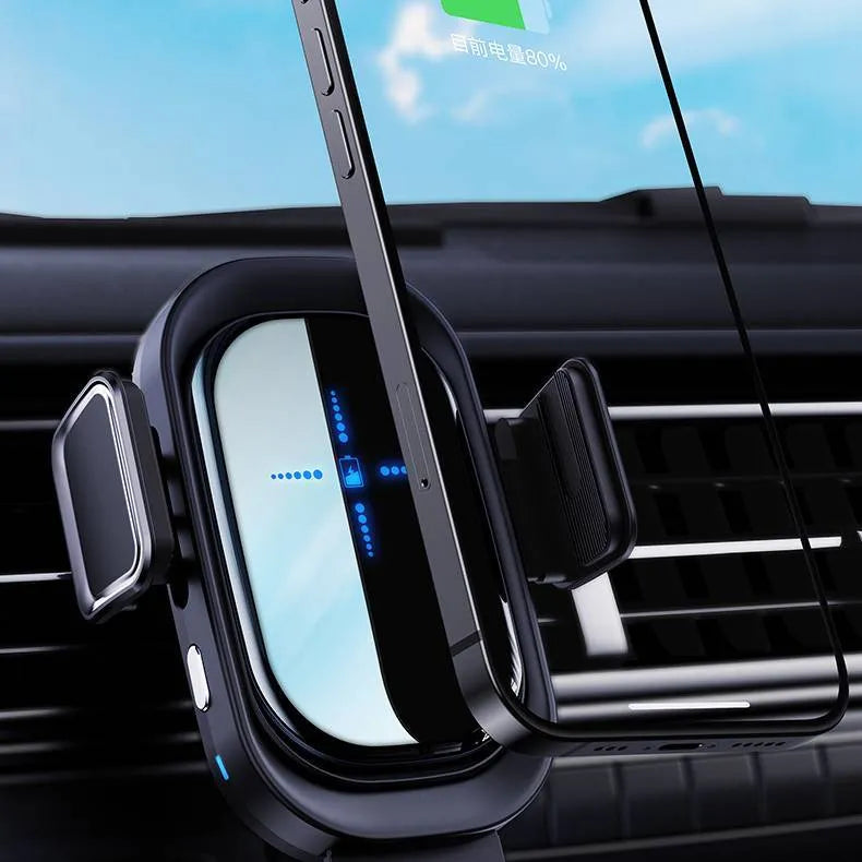 Black 08 Induction Car Wireless Charger with adjustable arms and Type-C input on dashboard mount