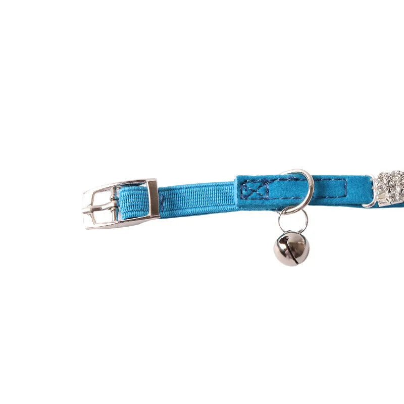 Flocking material cat collar with elastic buckle and gang drill decoration in six colour options