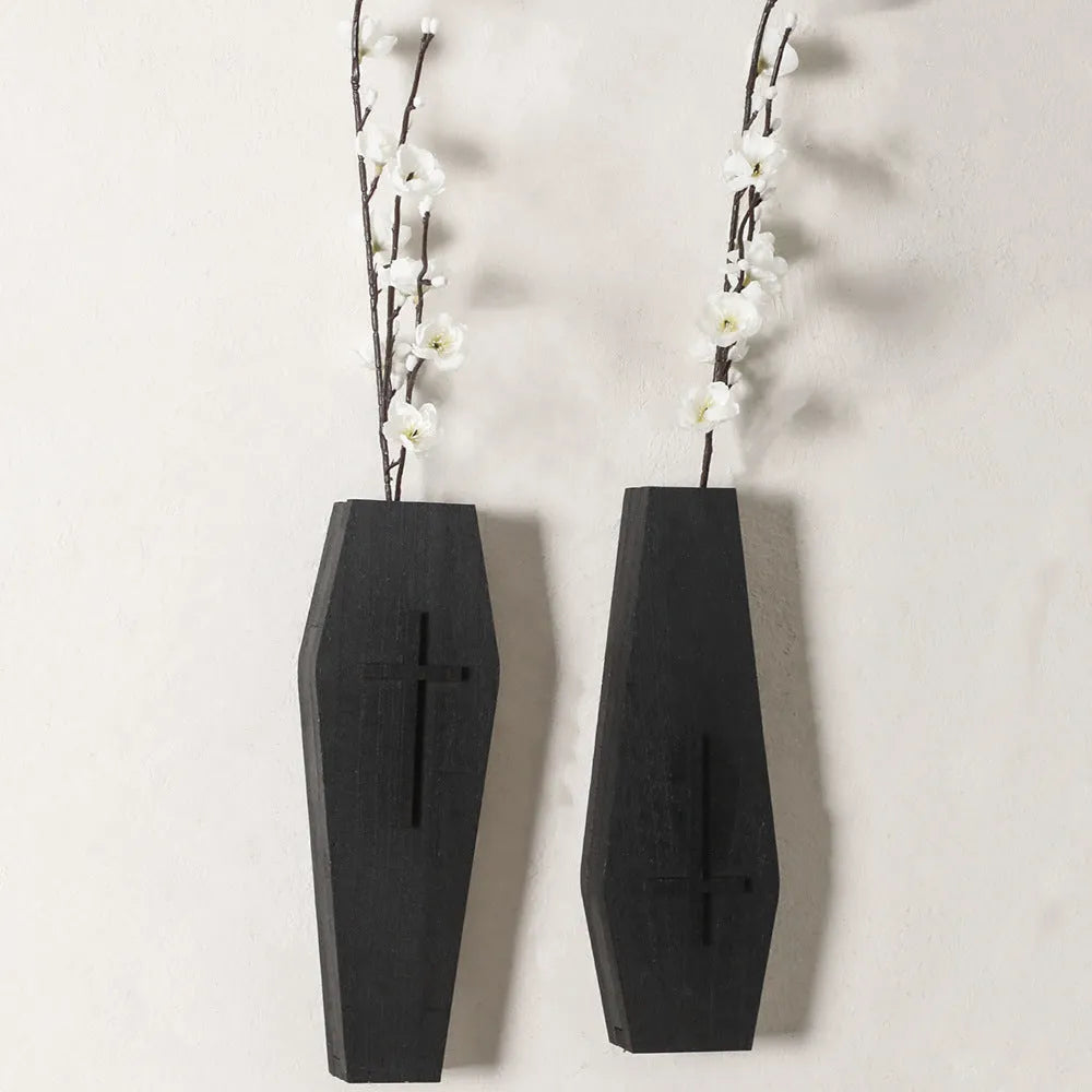 Wooden wall shelf with cross vase decoration in one of three colour options