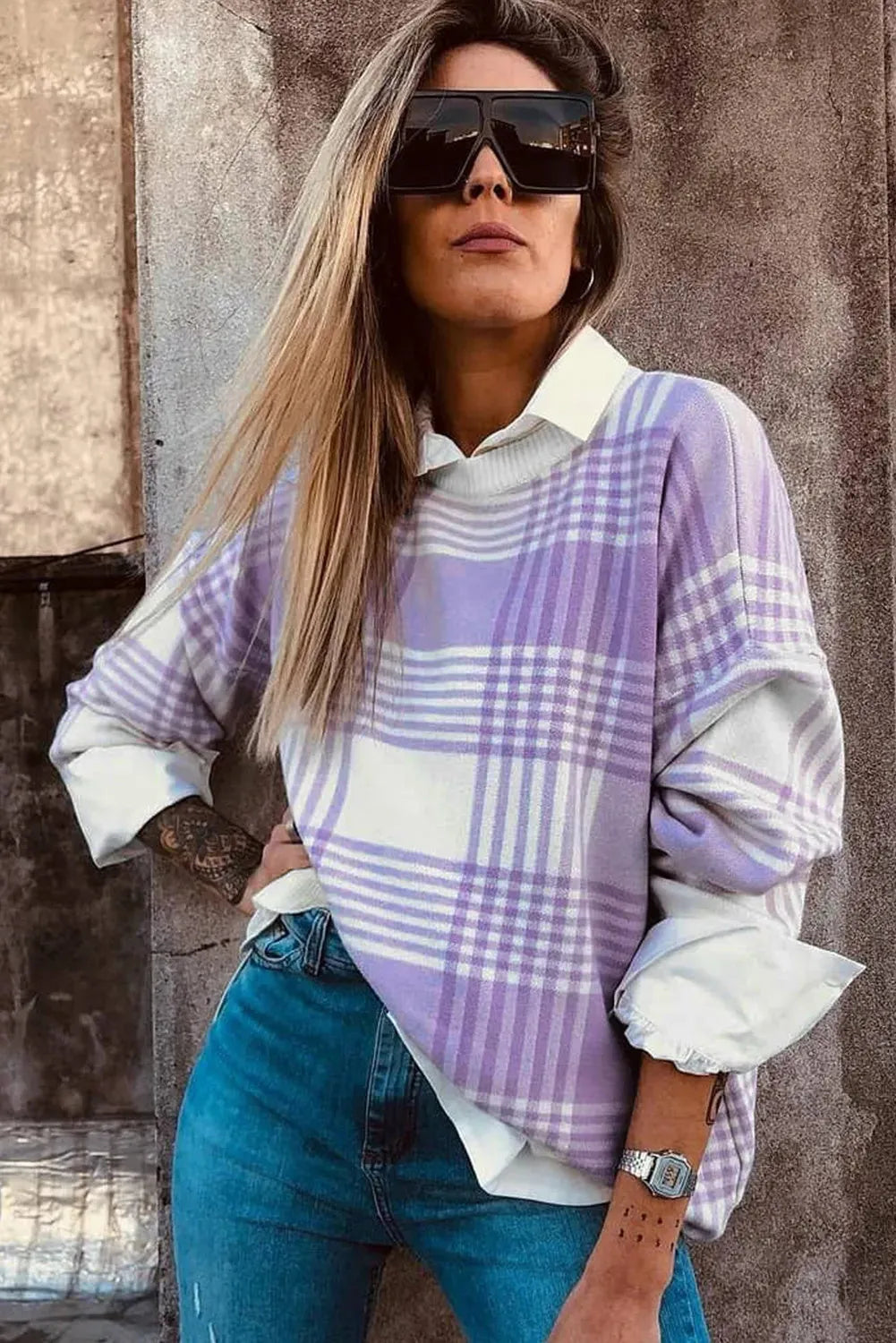 Lilac plaid print women's loose sweater with ribbed trim on long sleeves.