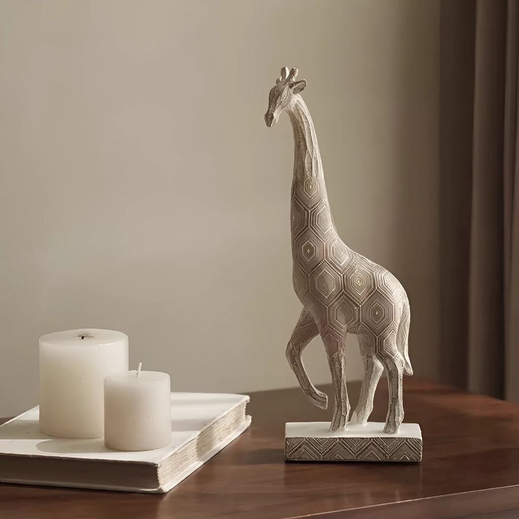 Wood colour European style synthetic resin giraffe decorative ornament on a white background.