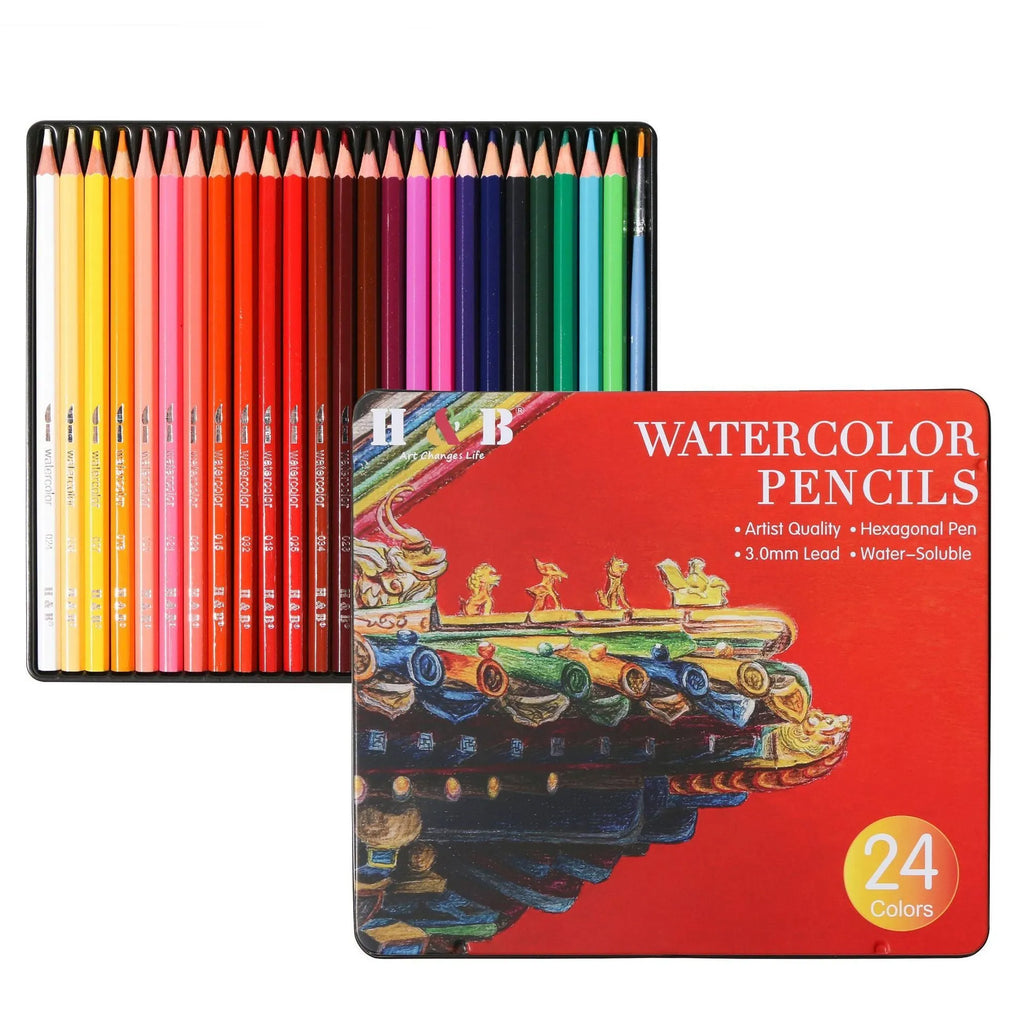 Water-soluble coloured pencil set with 24 colours in iron box, wooden pencils for dry and wet media artwork