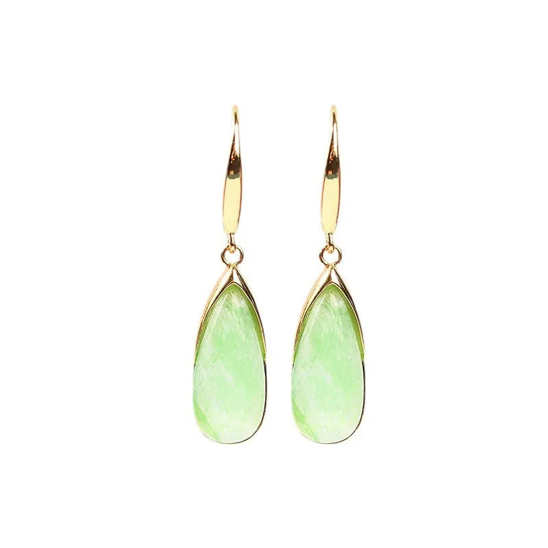 Copper geometric earrings with jade-coloured water drop design in Chinese retro style