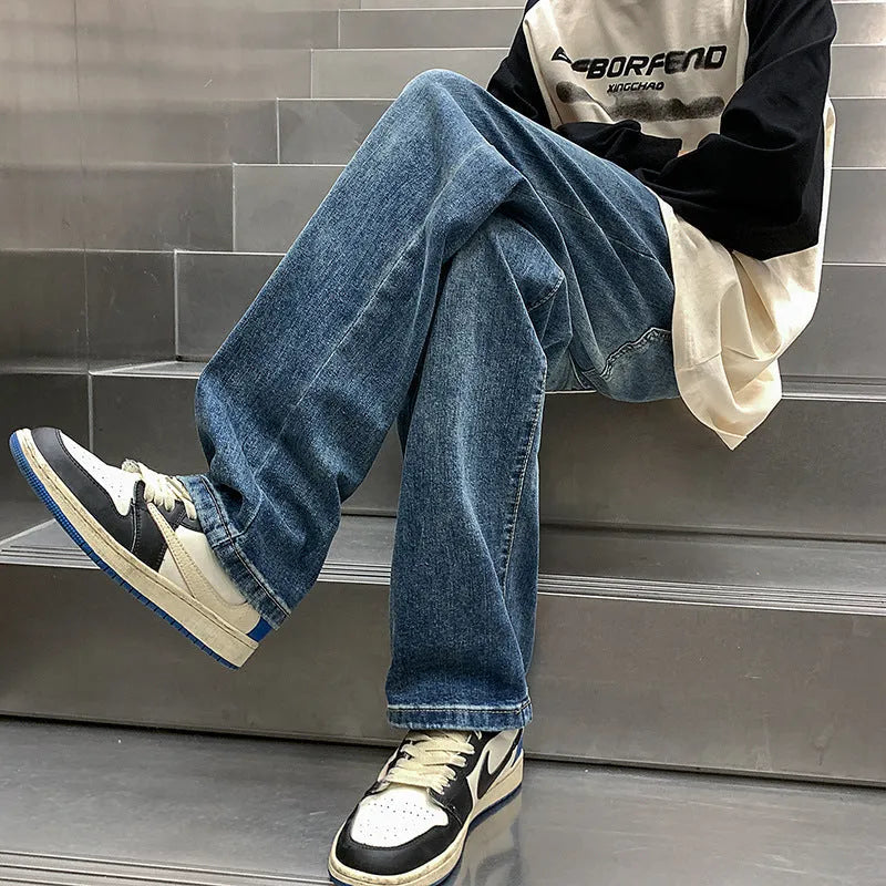 Men's retro straight leg jeans in cotton blend black colour showing full length straight cut silhouette