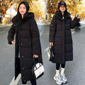 Korean-style quilted cold-proof jacket in black, shown with regular long sleeves.