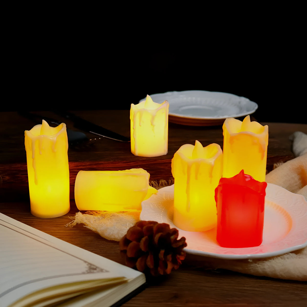 LED simulation candle light set of 3, warm, PP cylindrical, white beige red, tear wave mouth