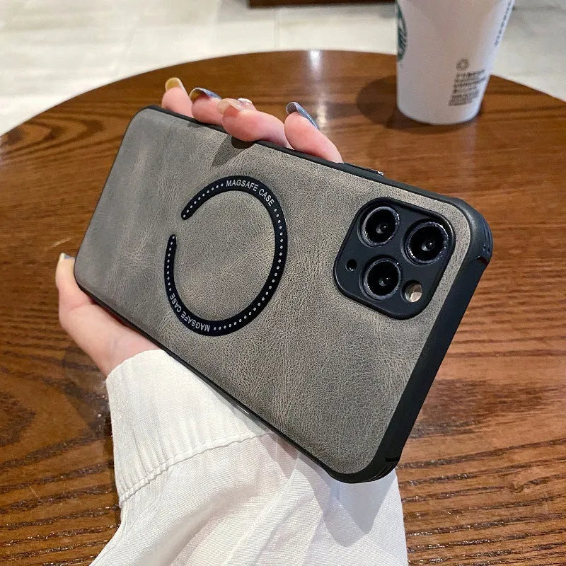 Black imitation leather magnetic charging phone case for iPhone showing business design