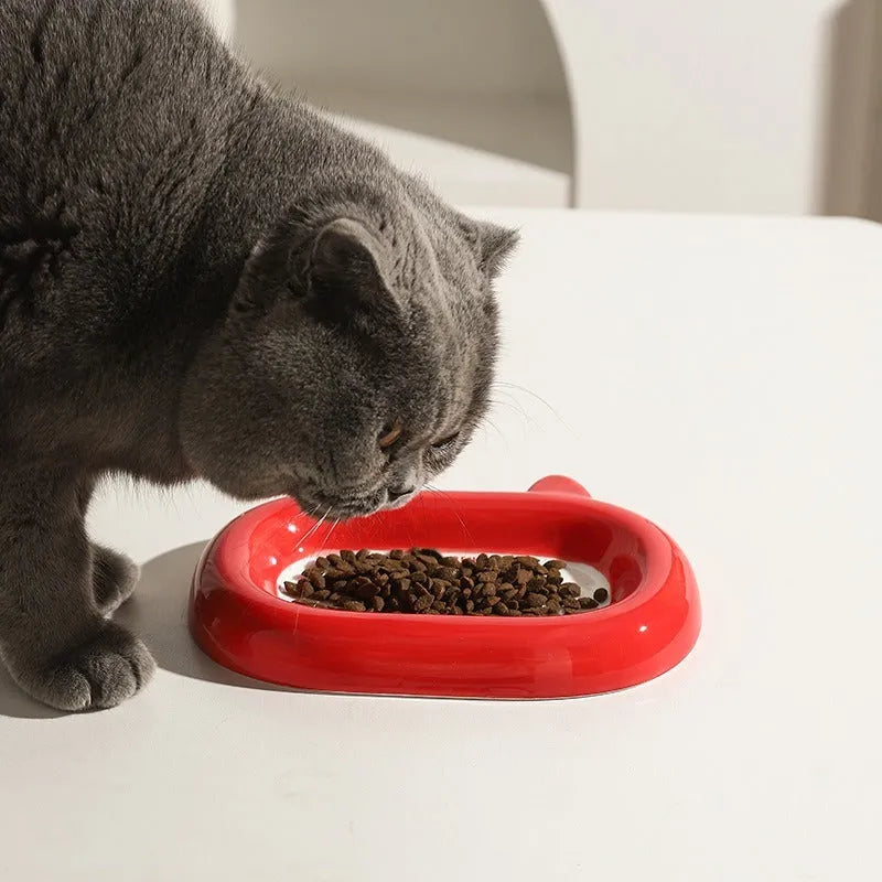 Ceramic pet bowl sculpted like an animal with a slanted interior for food, shown in a choice of colours.