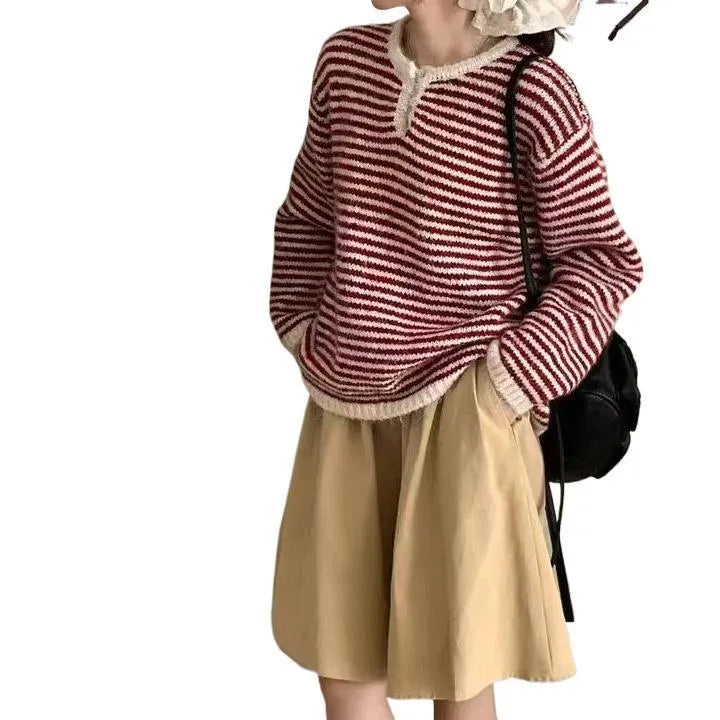 Women's loose striped cashmere sweater in red with retro plaid pattern and long sleeves