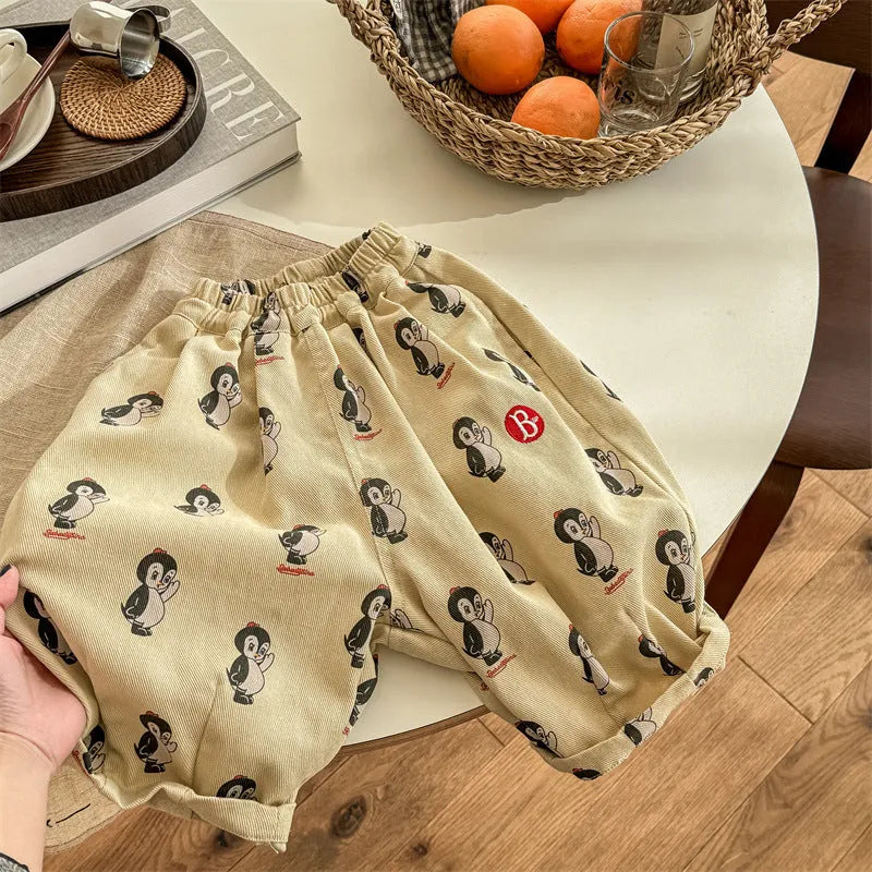 Children's cotton harem pants with cartoon animal print, mid waist and hair band belt, in yellow or army green